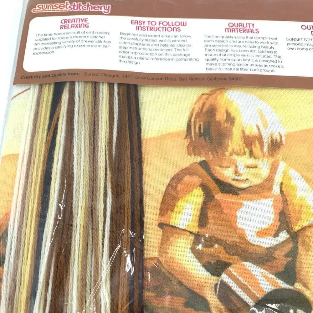Sunset Stitchery Vintage 1981 Sealed Needlepoint Kit Children Sand Castle Sunset
